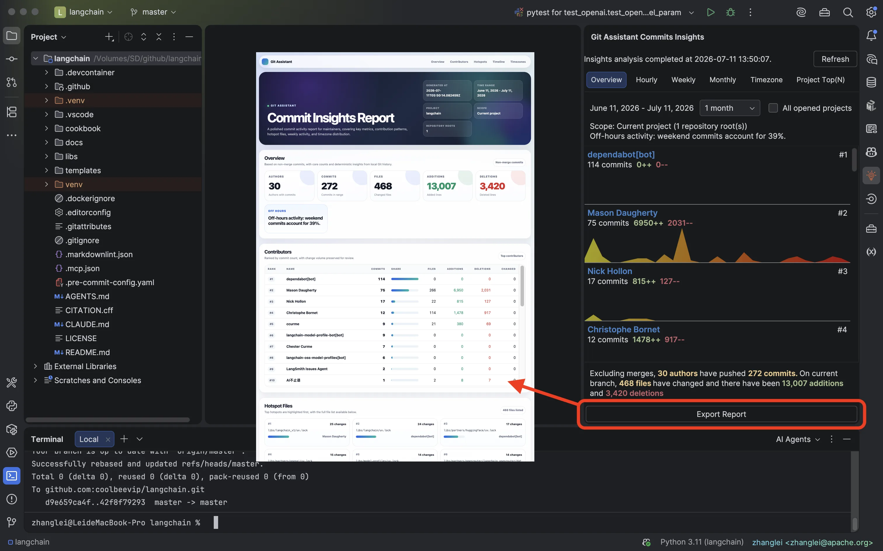Git Assistant Pro 报告导出入口与 HTML 可视化报告